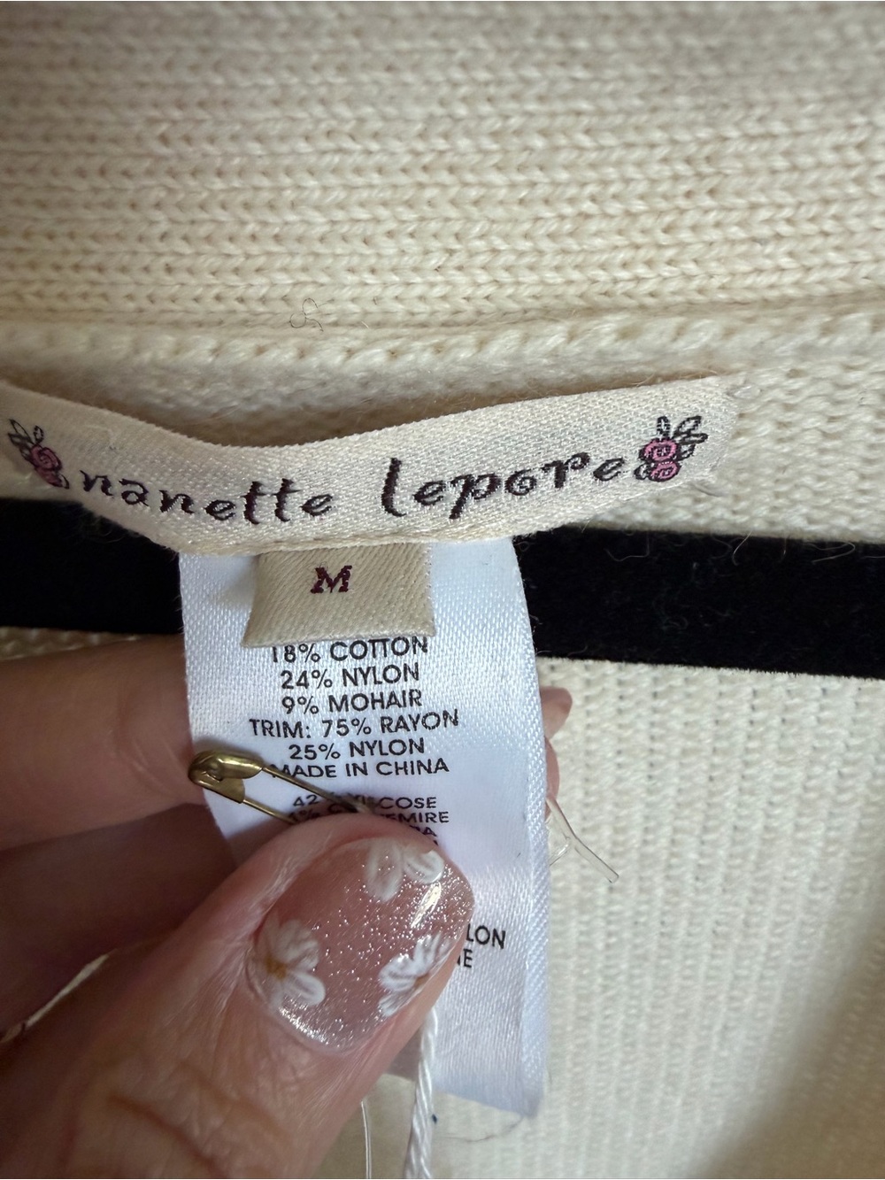 Nanette Lepore Cream Crochet-Trim Long Cardigan Medium NWT - Picture 3 of 7